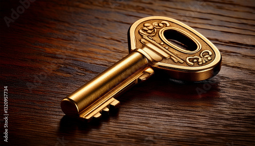 a golden key rests on a wooden surface showcasing its simple yet elegant design against a rich textured backdrop photo