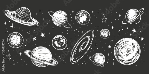 Hand-drawn illustration of planets and stars in outer space.