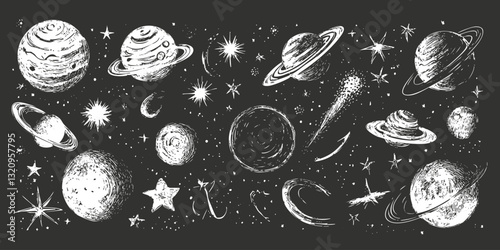 Black and white sketch of planets and stars in space.