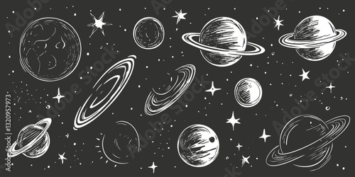 Hand-drawn celestial bodies and planets in space illustration.