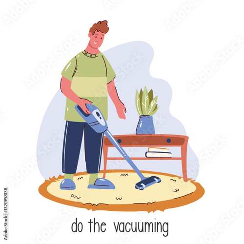 Happy man vacuuming carpet on floor cartoon scene. Funny guy using handheld vacuum cleaner to clean up rug in living room. Housework, hoovering, cartoon vacuuming action of boy vector illustration