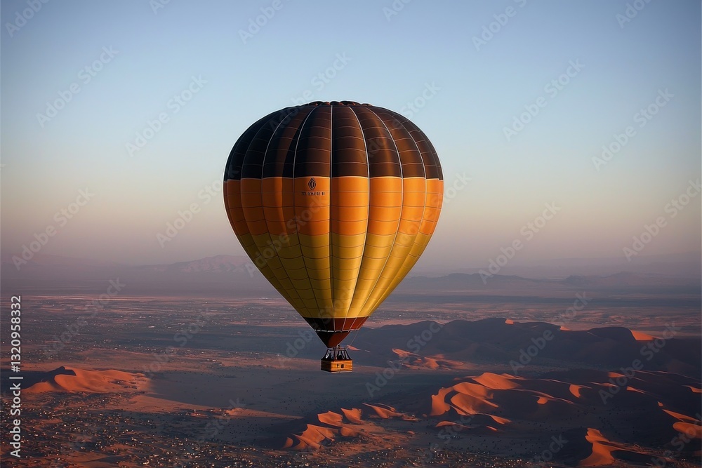 Obraz premium A vibrant hot air balloon floats gracefully above the expansive desert landscape, offering a tranquil and awe-inspiring view, perfect for adventure and travel enthusiasts.
