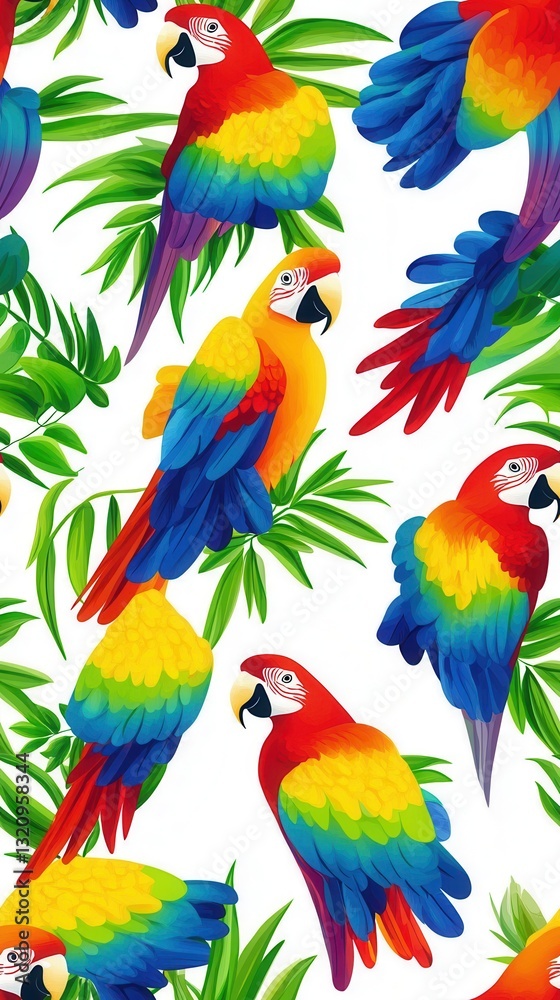 Fototapeta premium Colorful parrots perched on jungle branches creating a captivating pattern of vibrant feathers in a lush environment