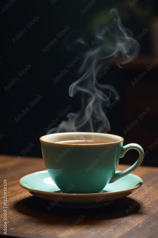 Steam rises from a ceramic teacup on a dark wood surface , cozy, moody Steam rises from a ceramic teacup on a dark wood surface , cozy, moody