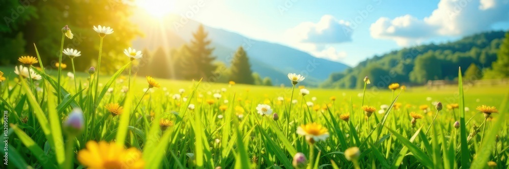 Obraz premium Sun-drenched meadow, vibrant green grass, wildflowers , environment, meadow