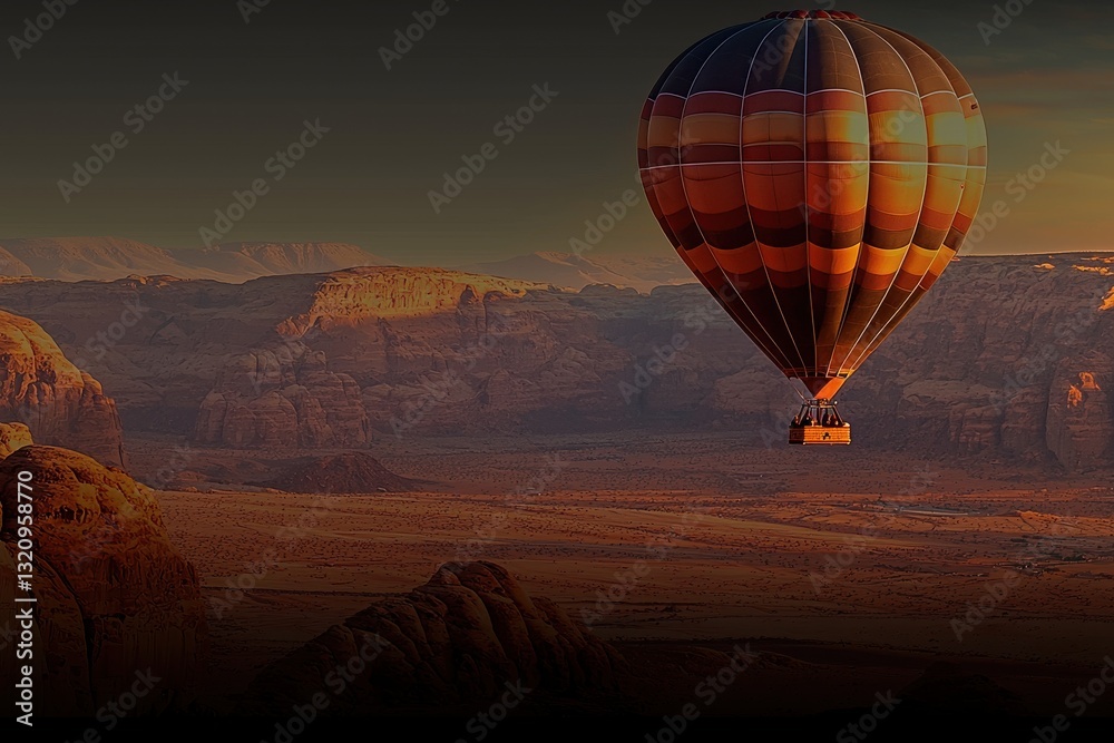 Fototapeta premium An amazing colorful hot air balloon soars over a majestic desert landscape, showcasing rugged mountains and mesas at sunset, creating a serene and breathtaking view.