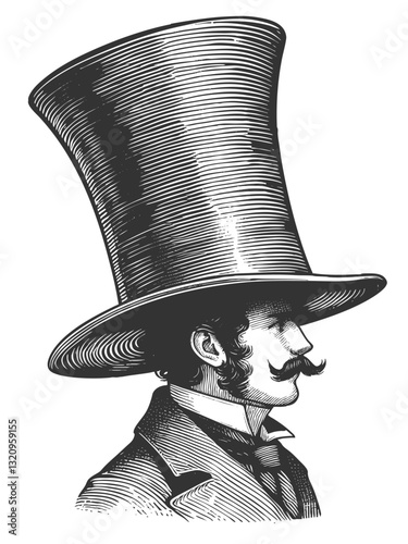 gentleman wearing an exaggeratedly tall top hat, complete with a mustache and suit sketch engraving generative ai vector illustration. Scratch board imitation. Black and white image.
