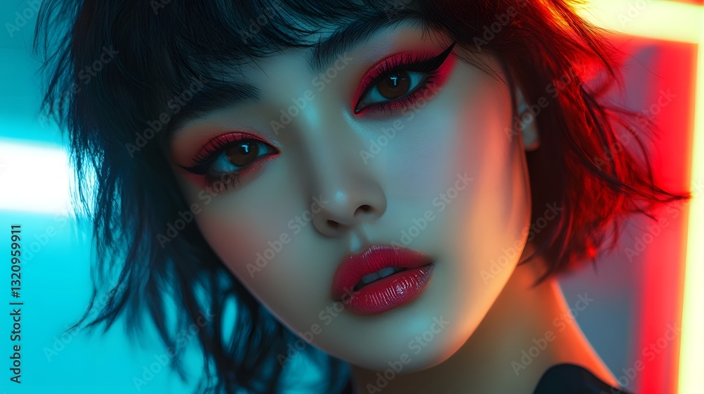Naklejka premium Captivating high fashion beauty portrait of a stylish woman with bold makeup in a futuristic aesthetic with neon lighting