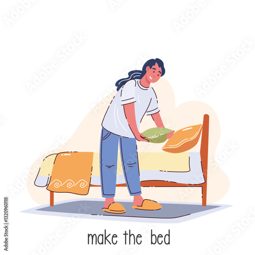 Happy woman making bed cartoon scene. Funny girl in pajamas and slippers holding pillow to make bed in home bedroom. housework, bedding, cartoon homework action of young lady vector illustration