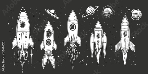 Illustrated space-themed design featuring rockets, planets, and stars on a dark background.