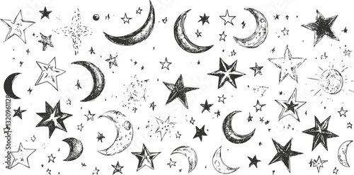 Black and white illustration of stars and moons in a cosmic pattern.