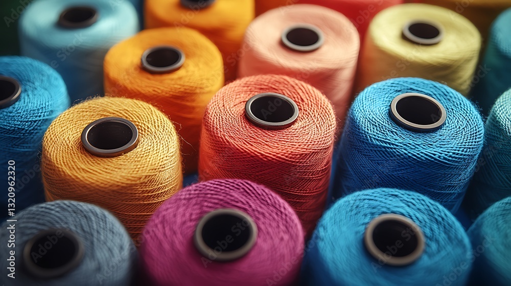 Colorful thread spools placed diagonally in an artistic pattern on blue Colorful thread spools placed diagonally in an artistic pattern on blue