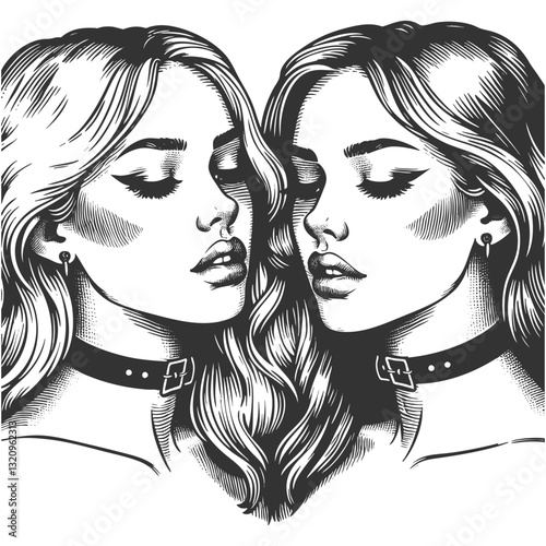 two women sharing a passionate kiss, evoking a vintage aesthetic with deep emotion and intimacy sketch engraving generative ai vector illustration. Scratch board imitation. Black and white image.