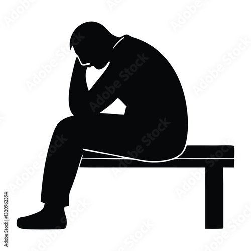 Lonely Person Sitting on a Bench Silhouette, Thoughtful Figure in Deep Reflection on a White Background