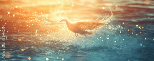 Ethereal bird of light takes flight over sparkling ocean waves at sunrise