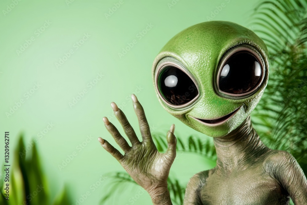 Obraz premium Friendly alien character waving with a green background and plants