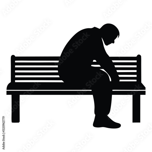 Lonely Person Sitting on a Bench Silhouette, Thoughtful Figure in Deep Reflection on a White Background
