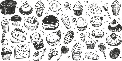 Hand-drawn illustration of various desserts including cupcakes and pastries.
