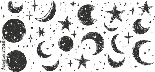 Black and white celestial pattern with moons and stars.