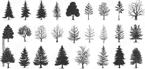 Collection of tree silhouettes in black and white illustration.