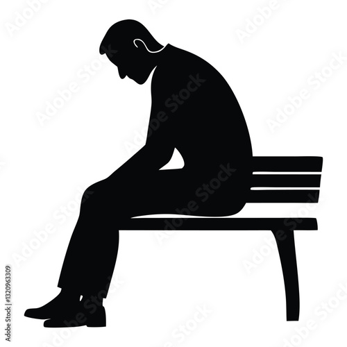 Lonely Person Sitting on a Bench Silhouette, Thoughtful Figure in Deep Reflection on a White Background