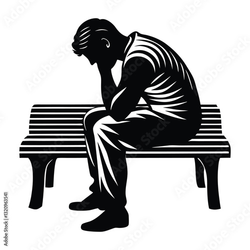 Lonely Person Sitting on a Bench Silhouette, Thoughtful Figure in Deep Reflection on a White Background