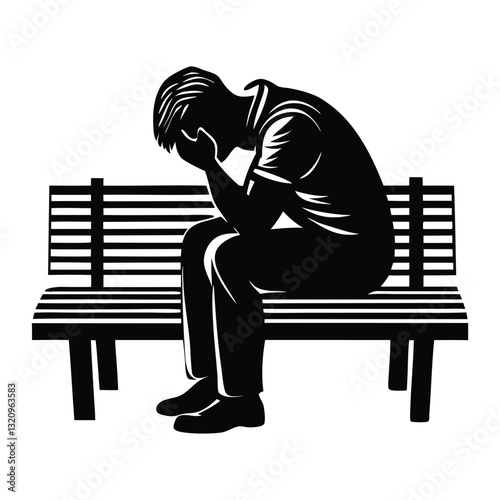 Lonely Person Sitting on a Bench Silhouette, Thoughtful Figure in Deep Reflection on a White Background