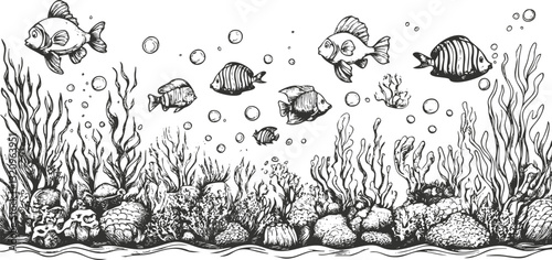 Black and white illustration of fish swimming in a coral reef environment.