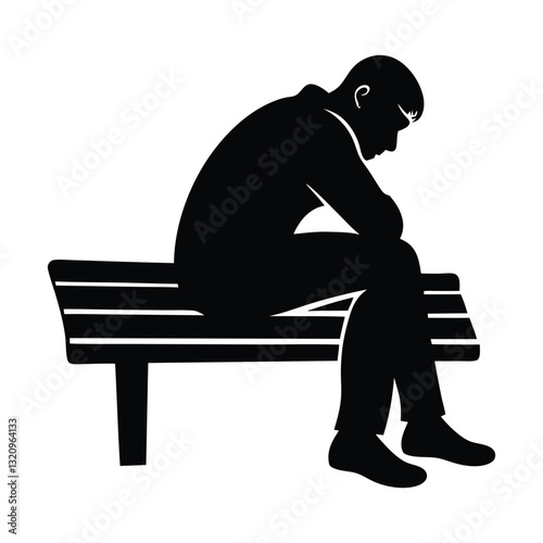 Lonely Person Sitting on a Bench Silhouette, Thoughtful Figure in Deep Reflection on a White Background