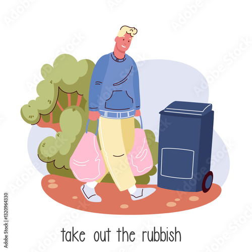 Happy man taking out trash cartoon scene. Funny male character holding plastic bags with household trash to carry to dustbin container. Daily routine cartoon action of guy vector illustration