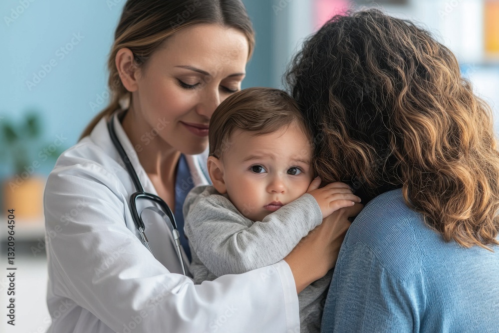 A comforting doctor holds a baby being cradled by its mother, symbolizing pediatric care and trust in a medical professional within the healthcare system. A comforting doctor holds a baby being cradled by its mother, symbolizing pediatric care and trust in a medical professional within the healthcare system.