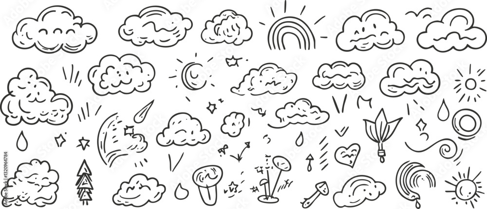 Fototapeta premium Collection of weather-themed doodles including clouds, sun, and rain.