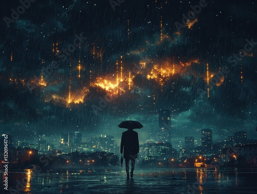 A silhouette of a person walking through a rainstorm, umbrella in hand, with streaks of rain falling from a dark sky, symbolizing resilience. 