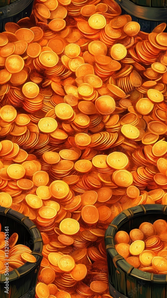 Fototapeta premium A pile of shiny gold coins stacked neatly in a glimmering display with rich copper saucepan in the background