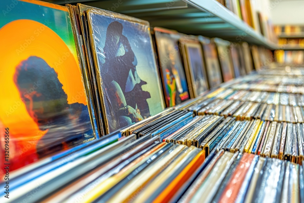 A captivating perspective of vinyl records stacked on shelves, their vibrant album art creating a rich tapestry of musical nostalgia and artistic expression. A captivating perspective of vinyl records stacked on shelves, their vibrant album art creating a rich tapestry of musical nostalgia and artistic expression.