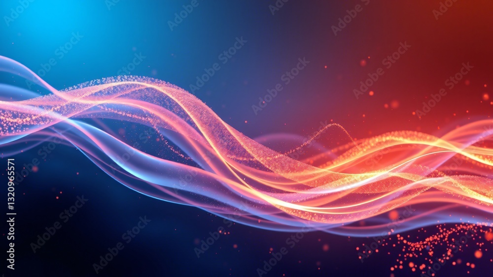 Digital representation of glowing waves with floating particles, creating a mesmerizing abstract background with deep blue and orange hues. Digital representation of glowing waves with floating particles, creating a mesmerizing abstract background with deep blue and orange hues.