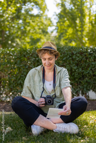 Photographer smiling and looking at printed photo while sitting on grass in park