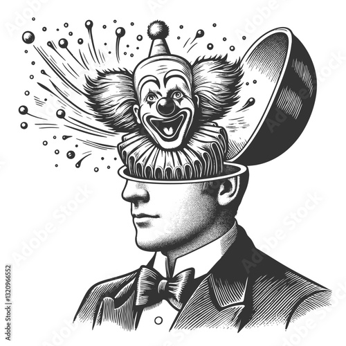 man in a suit with his head opening like a lid, revealing a laughing clown bursting out in a surreal composition. sketch engraving generative ai vector illustration. Scratch board. Black and white.