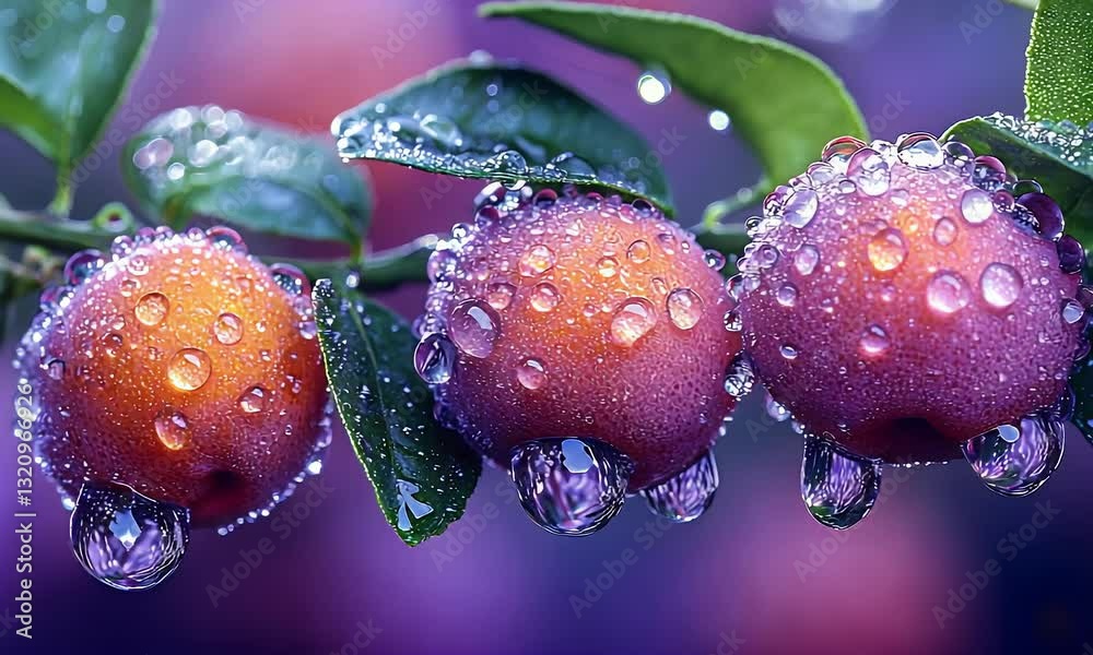 Dew-covered fruits on branch, garden background, close-up shot, perfect for food blogs Dew-covered fruits on branch, garden background, close-up shot, perfect for food blogs