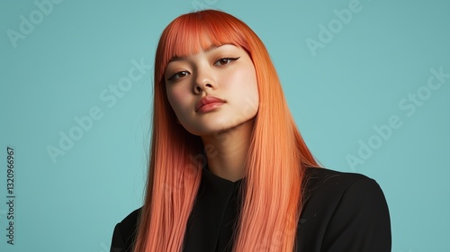 A person with long, straight hair in a bright, reddish-orange color. An Asian woman with long straight peach hair and bangs. A Japanese female with sleek dyed hair photo