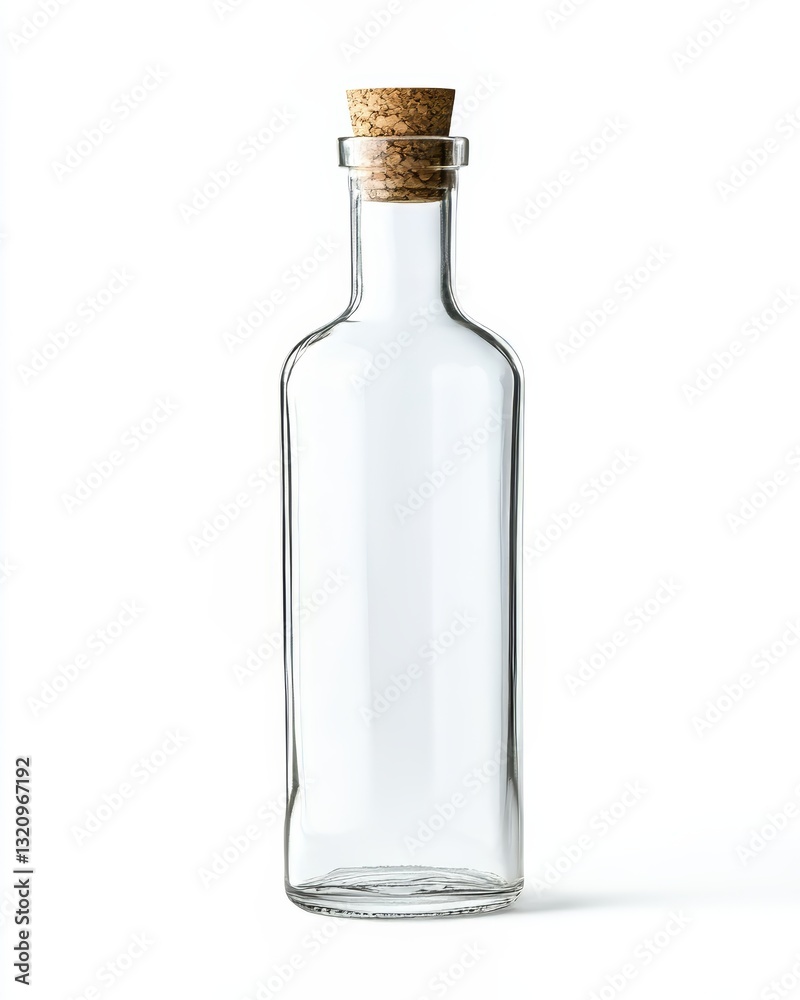 Minimalistic Clear Glass Bottle with Cork on White Background for Design Use Minimalistic Clear Glass Bottle with Cork on White Background for Design Use