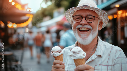 Obraz na płótnie Happy smiling grandfather or elderly man in a hat and glasses with delicious ice cream in a waffle cone w salonie