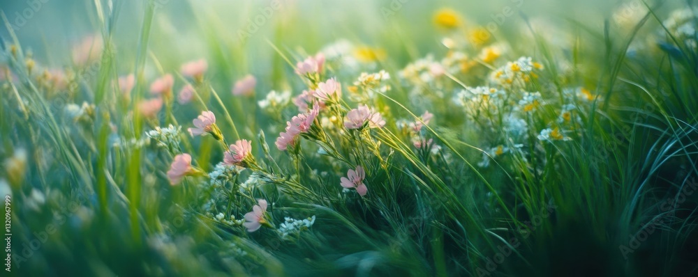 Fototapeta premium Dreamy wildflower meadow with blooming pink and white flowers in soft sunlight