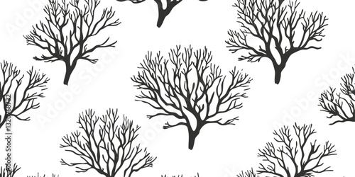 Black tree branch silhouettes on a white background, creating a seamless pattern.