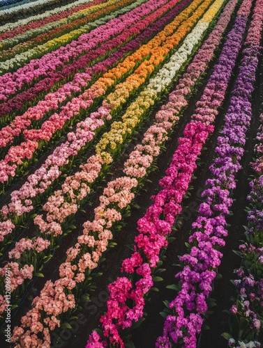 Aerial view of a meticulously cultivated field showcasing rows of colorful blooms