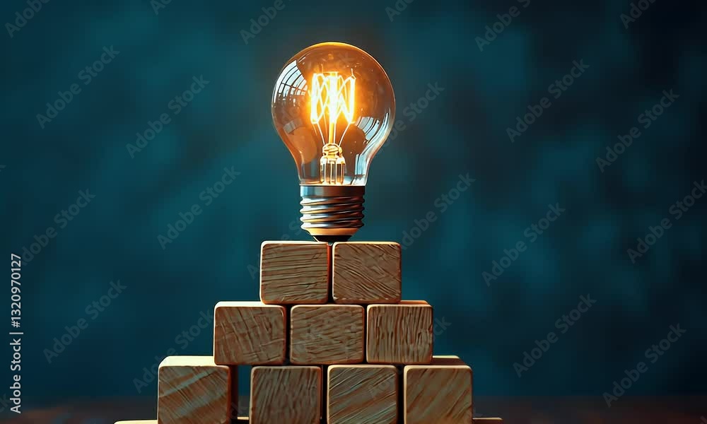 Illuminated idea Glowing lightbulb atop wooden blocks pyramid, dark background; concept for innovation, solutions, success