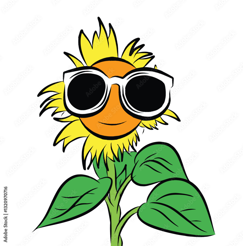 Fototapeta premium sunflower that looks really cool because it's wearing glasses, Vector illustration in flat style. Yellow summer flowers isolated