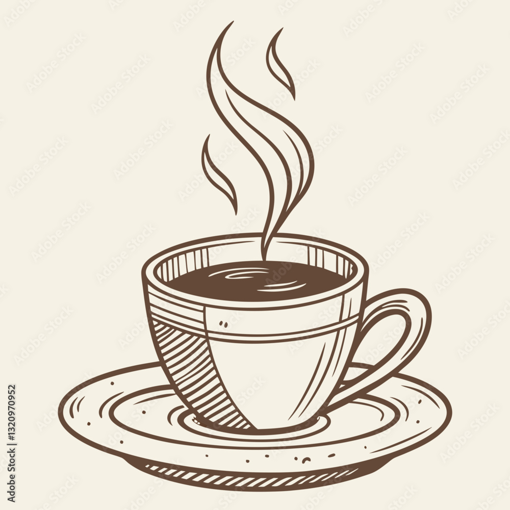 Obraz premium Steaming coffee cup with coffee beans, in a sketch style. Use for coffee shop menus, food blogs, or designs related to coffee and beverages.