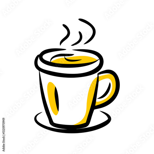 simple line art illustration of a white coffee mug with yellow accents, sitting on a saucer with rising steam. Use for coffee shop websites, hot beverage menus, and simple icon designs.