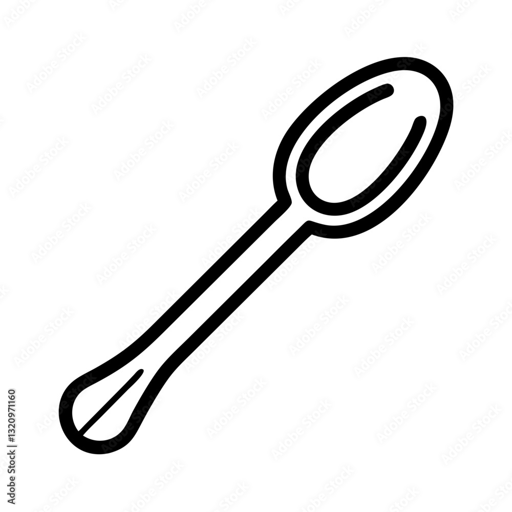  simple black outline drawing of a spoon. This image could be used on websites or blogs related to cooking, food, or dining.